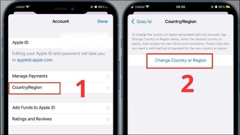 Chọn Country/Region > Bấm v&agrave;o phần Change Country or Region 