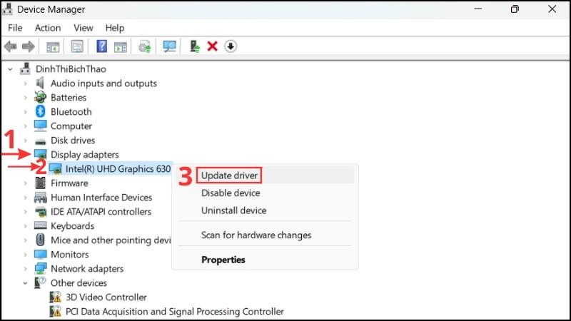 Nhấn chuột phải vào card màn hình đang bị lỗi cần cập nhật > chọn Update Driver