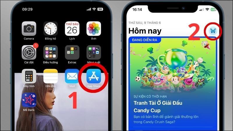 V&agrave;o ứng dụng App Store > Chọn biểu tượng t&agrave;i khoản