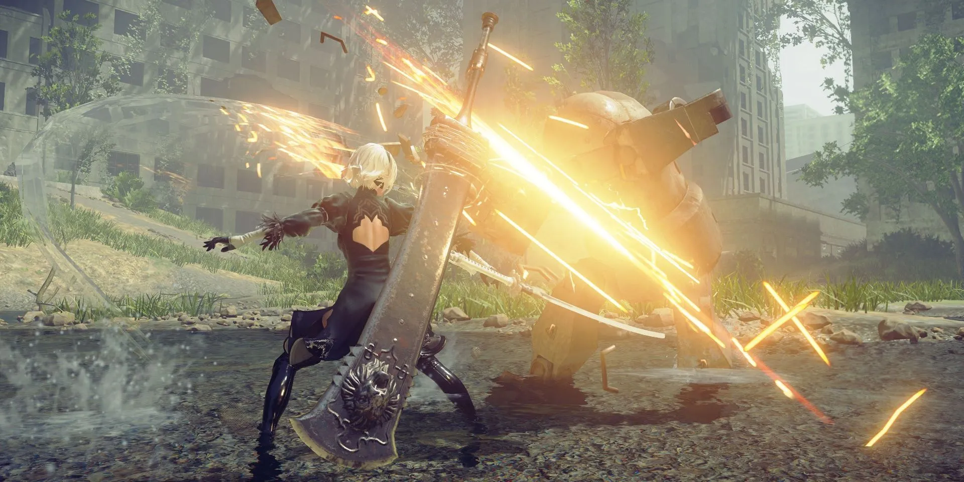 2B tấn công một cỗ máy trong NieR Automata