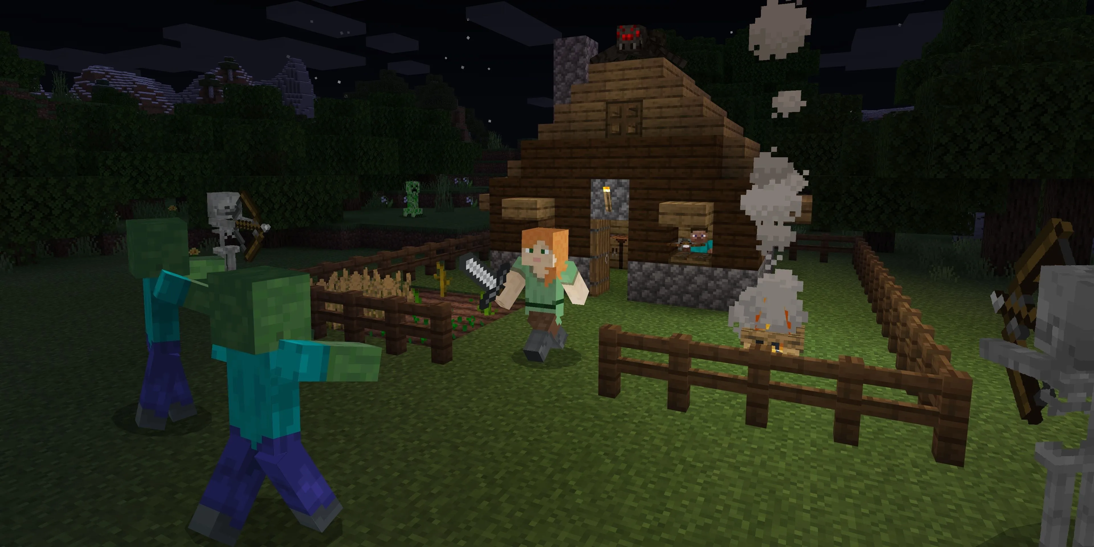 Alex đối mặt với đám quái vật trong Minecraft
