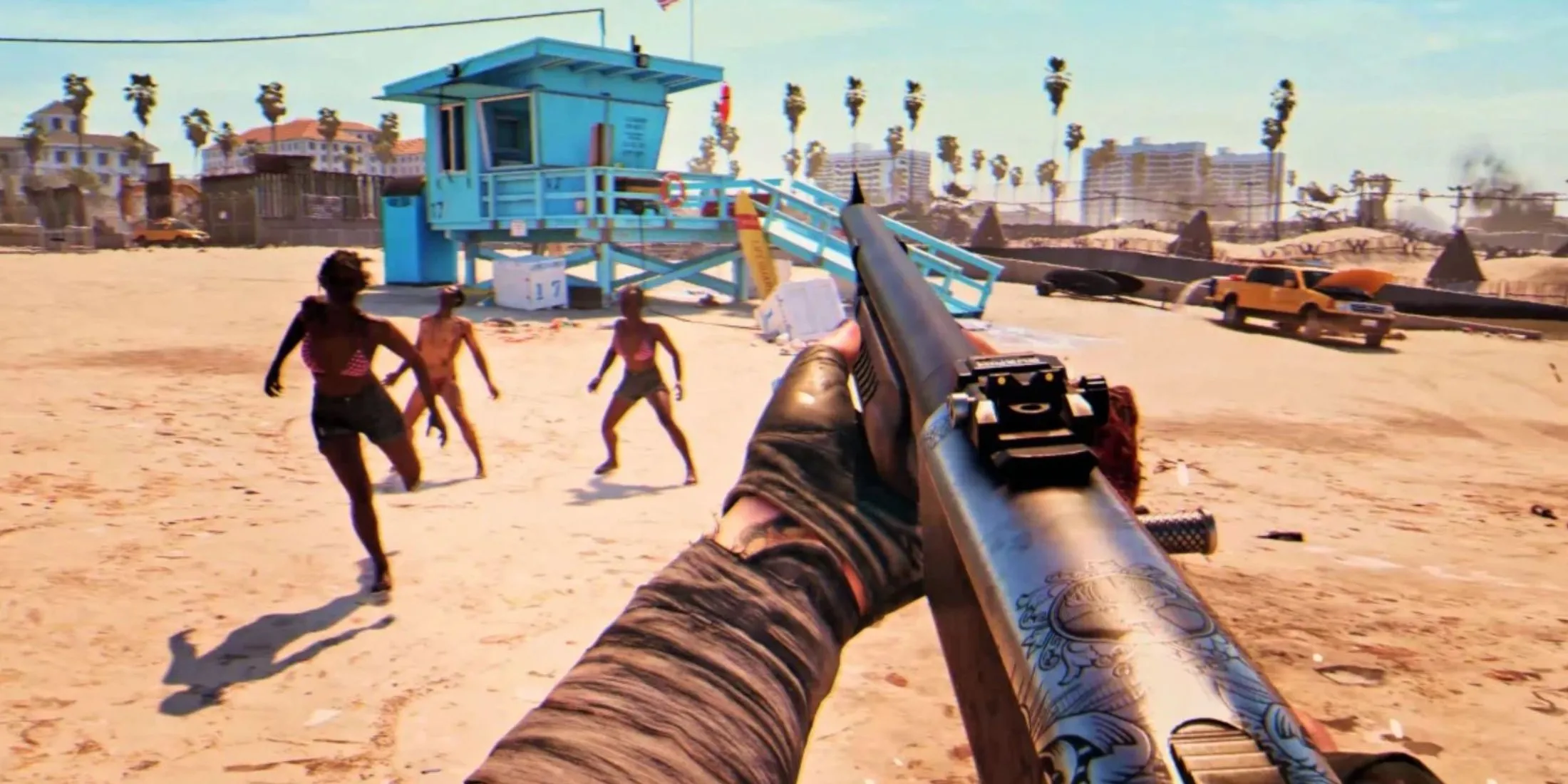 Alt văn bản: Các zombie đang lang thang trên bãi biển Venice Beach ở Los Angeles trong game Dead Island 2, thể hiện bối cảnh ngày tận thế