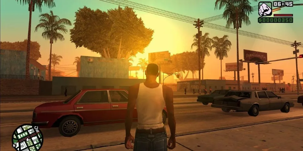 Alt văn bản: Màn hình loading của Grand Theft Auto San Andreas trên PlayStation 2, thể hiện phong cách nghệ thuật đặc trưng của game