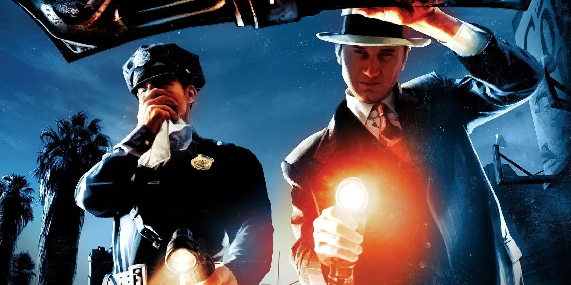 Alt văn bản: Nhân vật Cole Phelps từ L.A. Noire đang dùng đèn pin soi vào cốp xe, bên cạnh là một cảnh sát khác, thể hiện phong cách điều tra của game