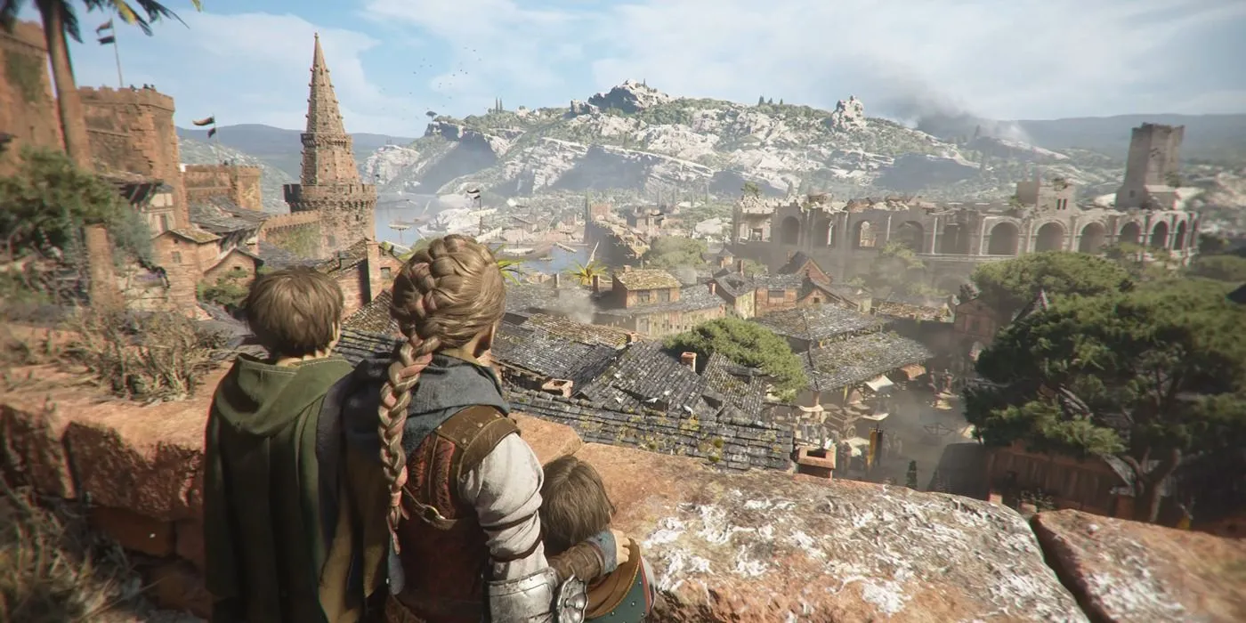 Amicia và Hugo nhìn ra thành phố bị dịch hạch tàn phá trong A Plague Tale Requiem