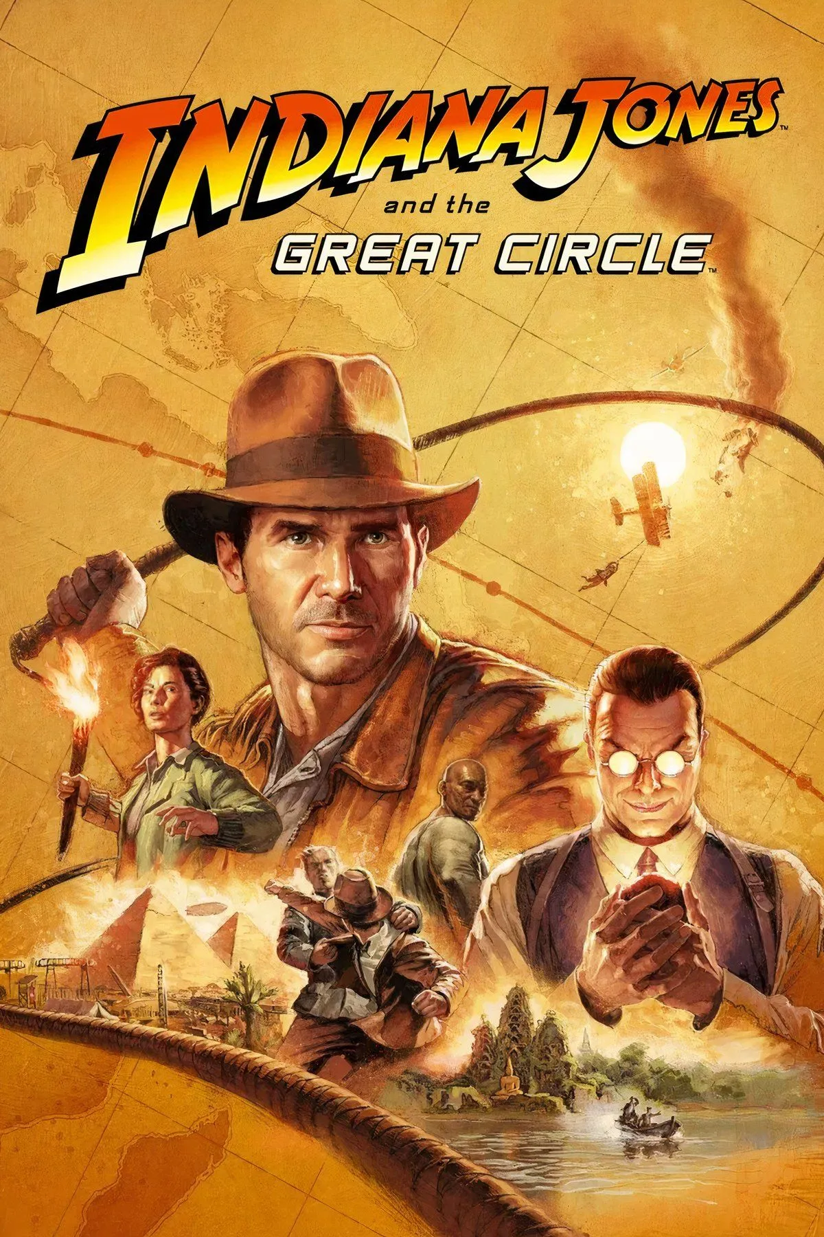 Ảnh bìa game Indiana Jones and the Great Circle với nhân vật chính và roi da