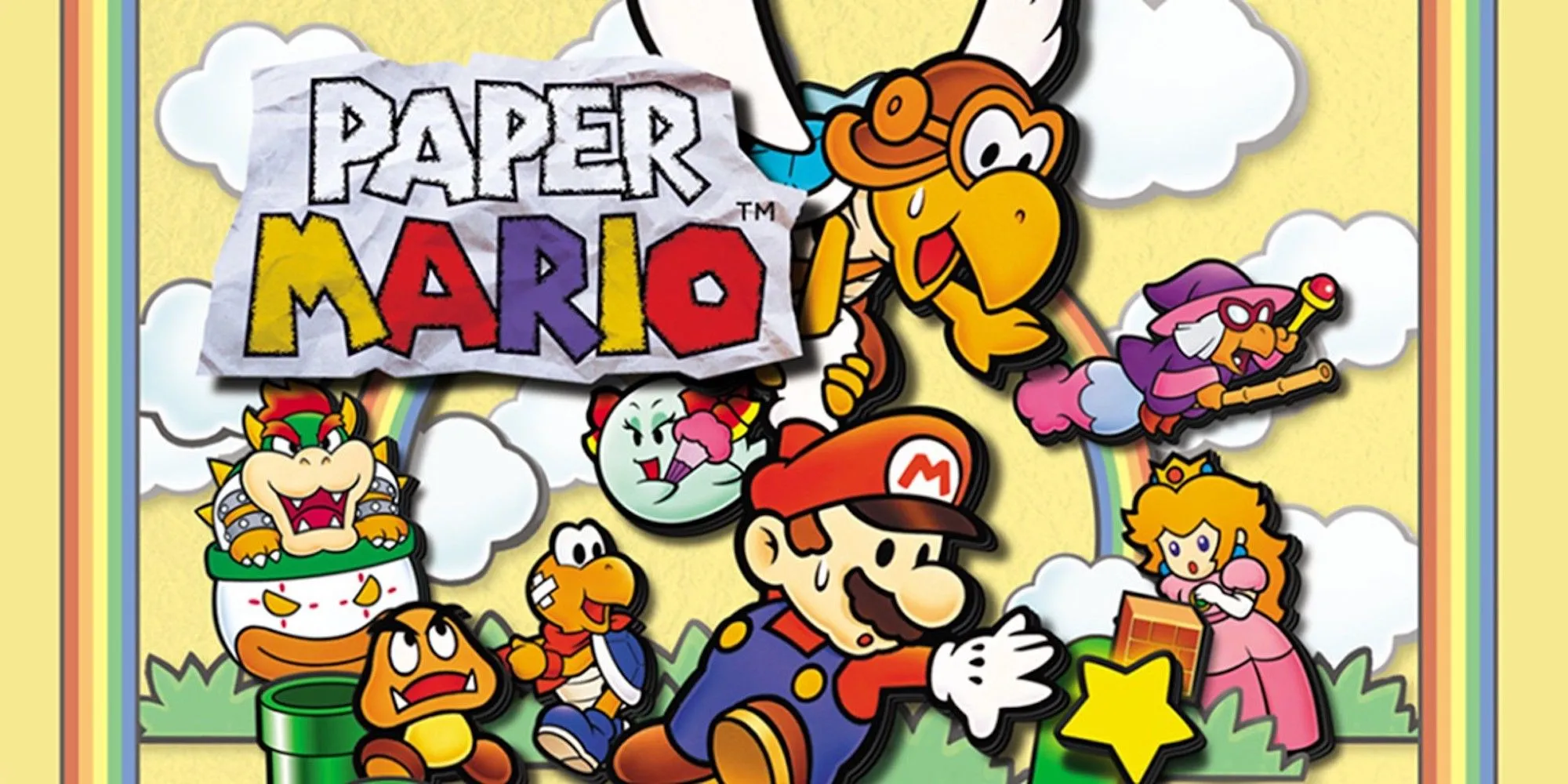 Ảnh bìa game Paper Mario với hình ảnh Mario và các nhân vật làm từ giấy, tựa game nhập vai độc đáo trên Nintendo 64.