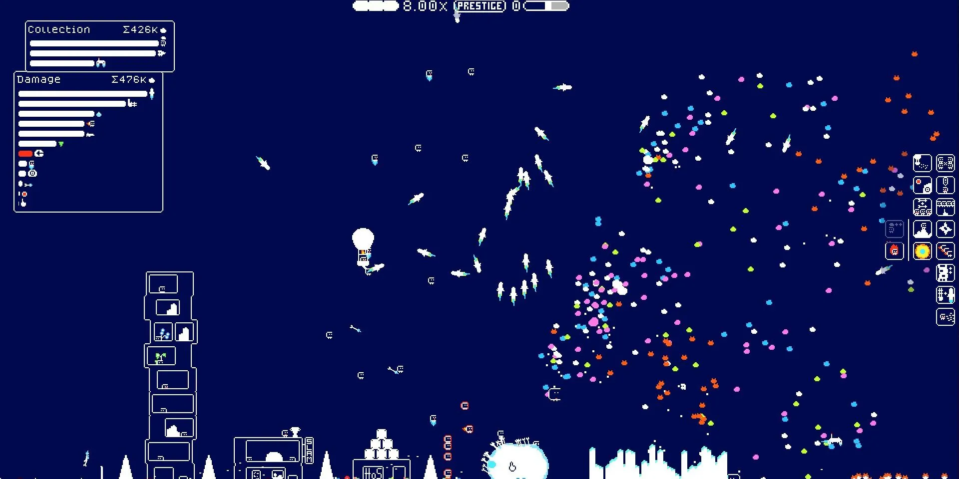 Ảnh chụp màn hình game (the) Gnorp Apologue với các gnorp đang phá đá, tên lửa và mảnh vỡ bay tung tóe, đồ họa pixel đen trắng tối giản