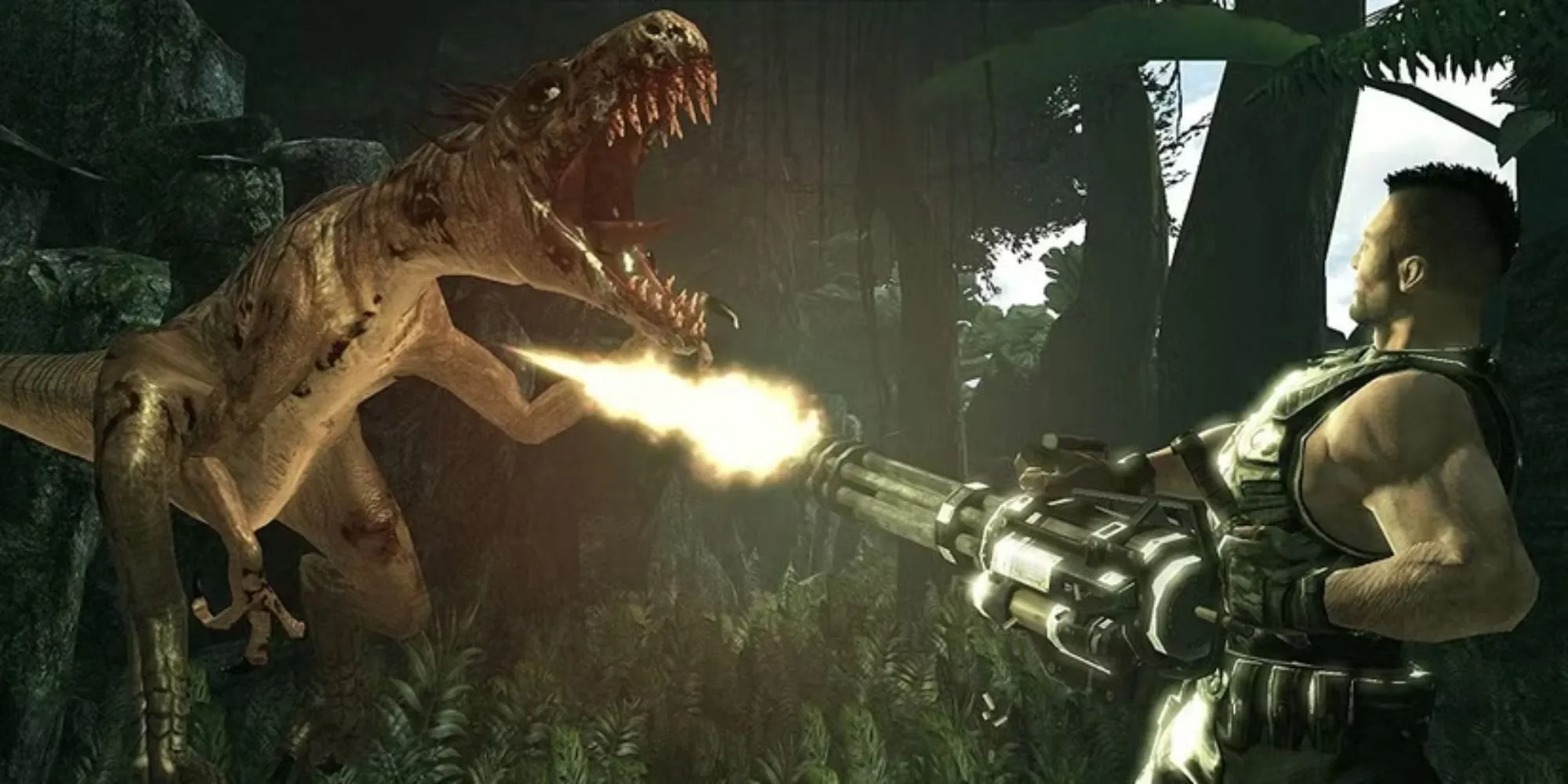 Ảnh chụp màn hình game Turok (2008) với nhân vật đang chiến đấu với khủng long