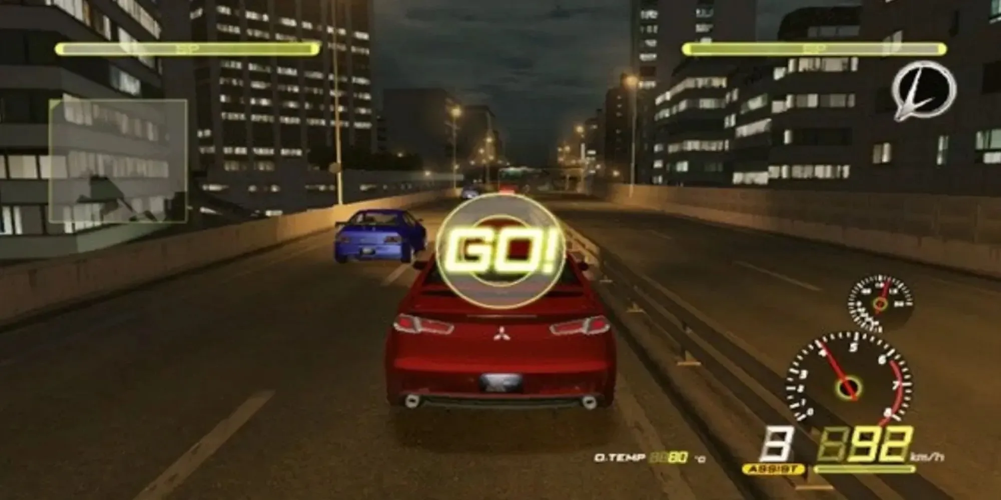 Ảnh chụp màn hình gameplay của Import Tuner Challenge trên Xbox 360, hiển thị cảnh đua xe đường phố Nhật Bản vào ban đêm với đèn neon và các xe độ.