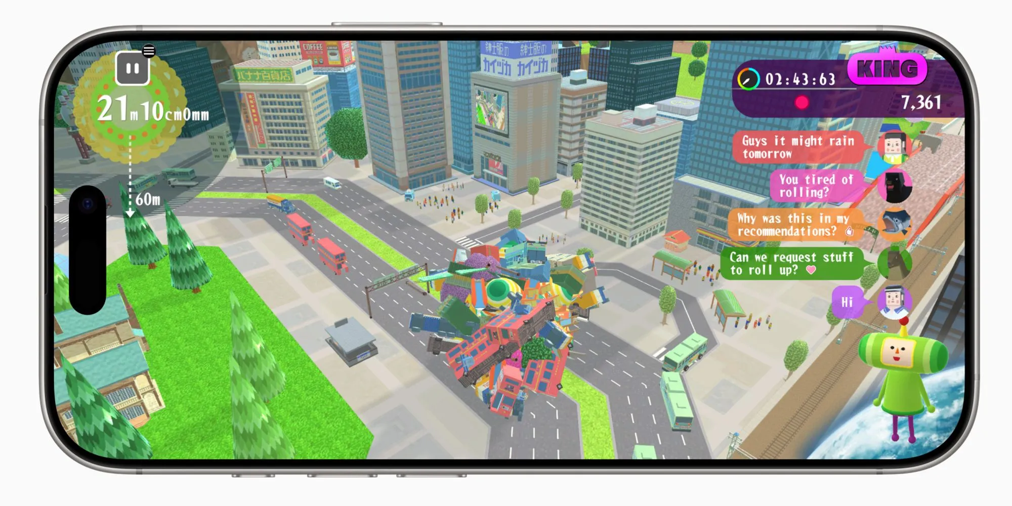 Ảnh chụp màn hình gameplay Katamari Damacy Rolling LIVE trên iPhone với khối cầu Katamari
