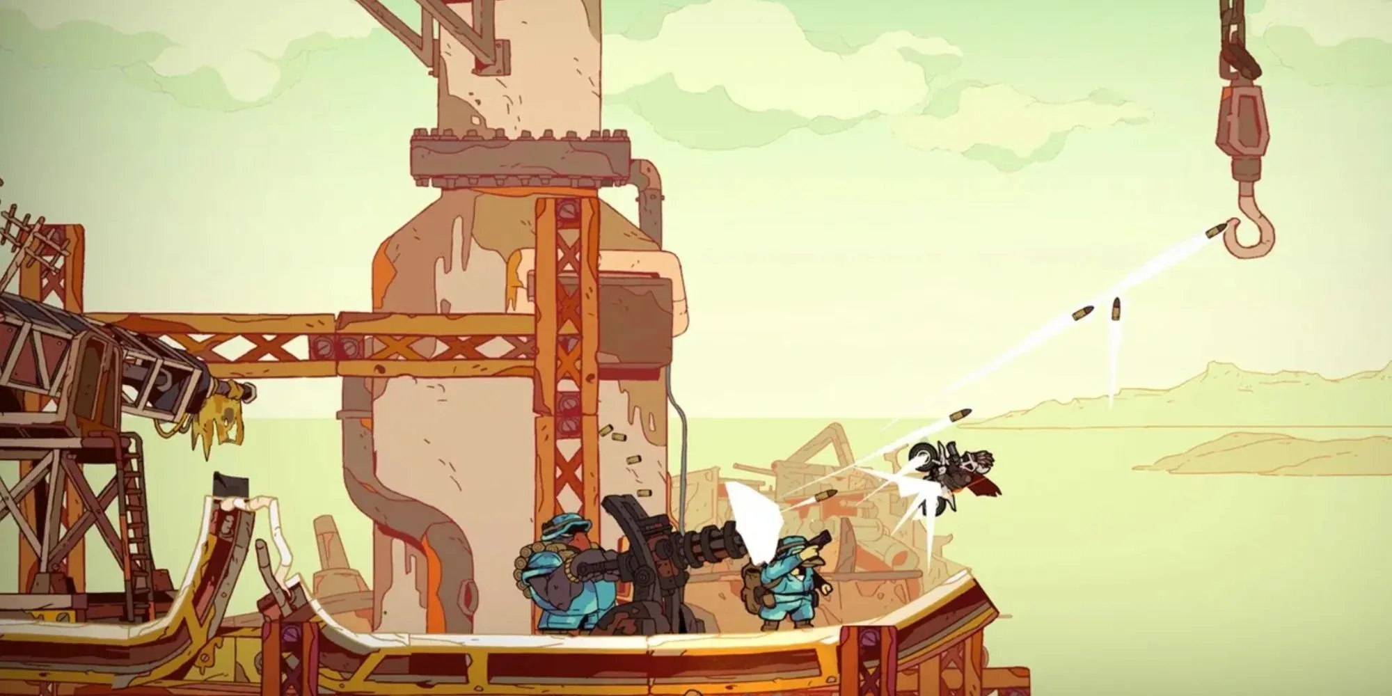 Ảnh chụp màn hình gameplay Laika Aged Through Blood với nhân vật lái mô tô né đạn