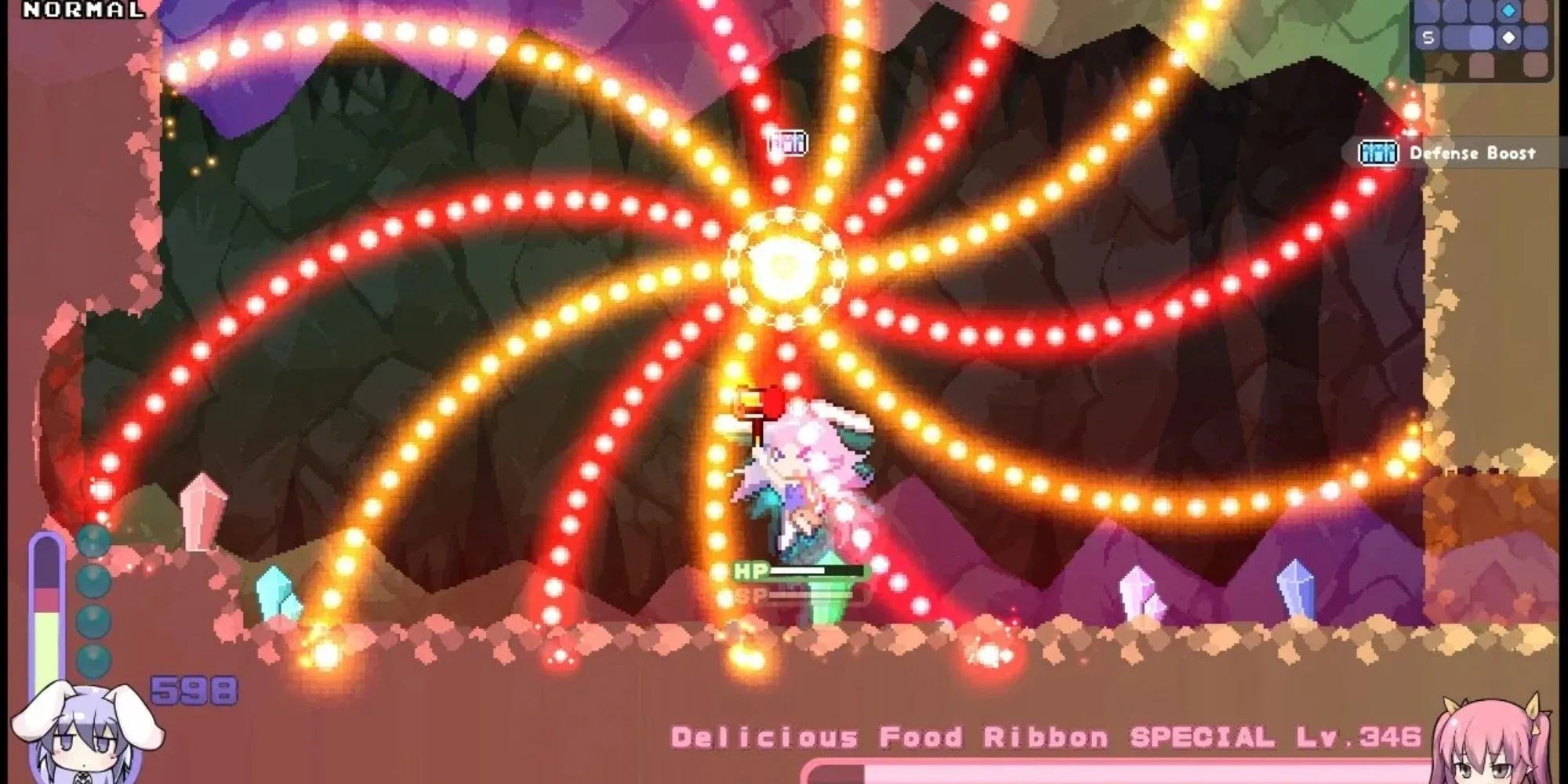 Ảnh chụp màn hình gameplay Rabi-Ribi với nhân vật cô gái tai thỏ chiến đấu