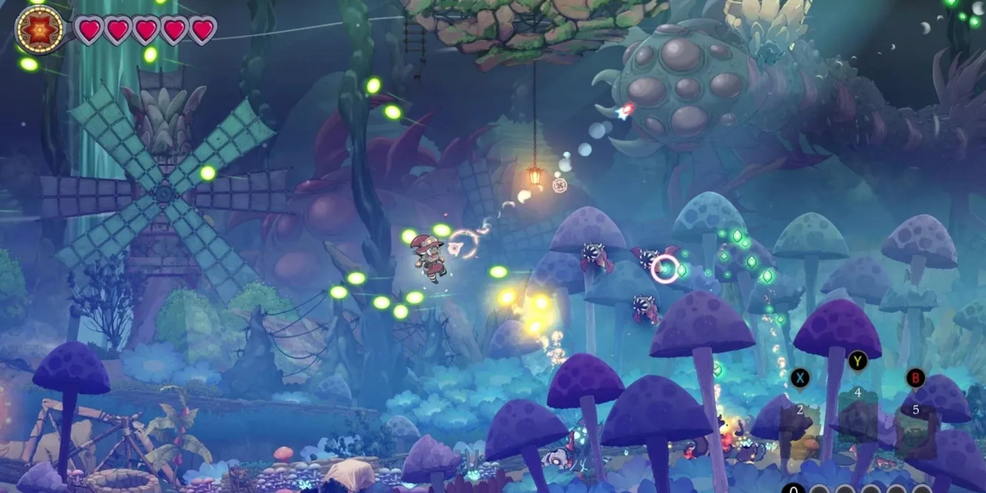 Ảnh chụp màn hình gameplay The Knight Witch với nhân vật nữ phù thủy bay và bắn ma thuật