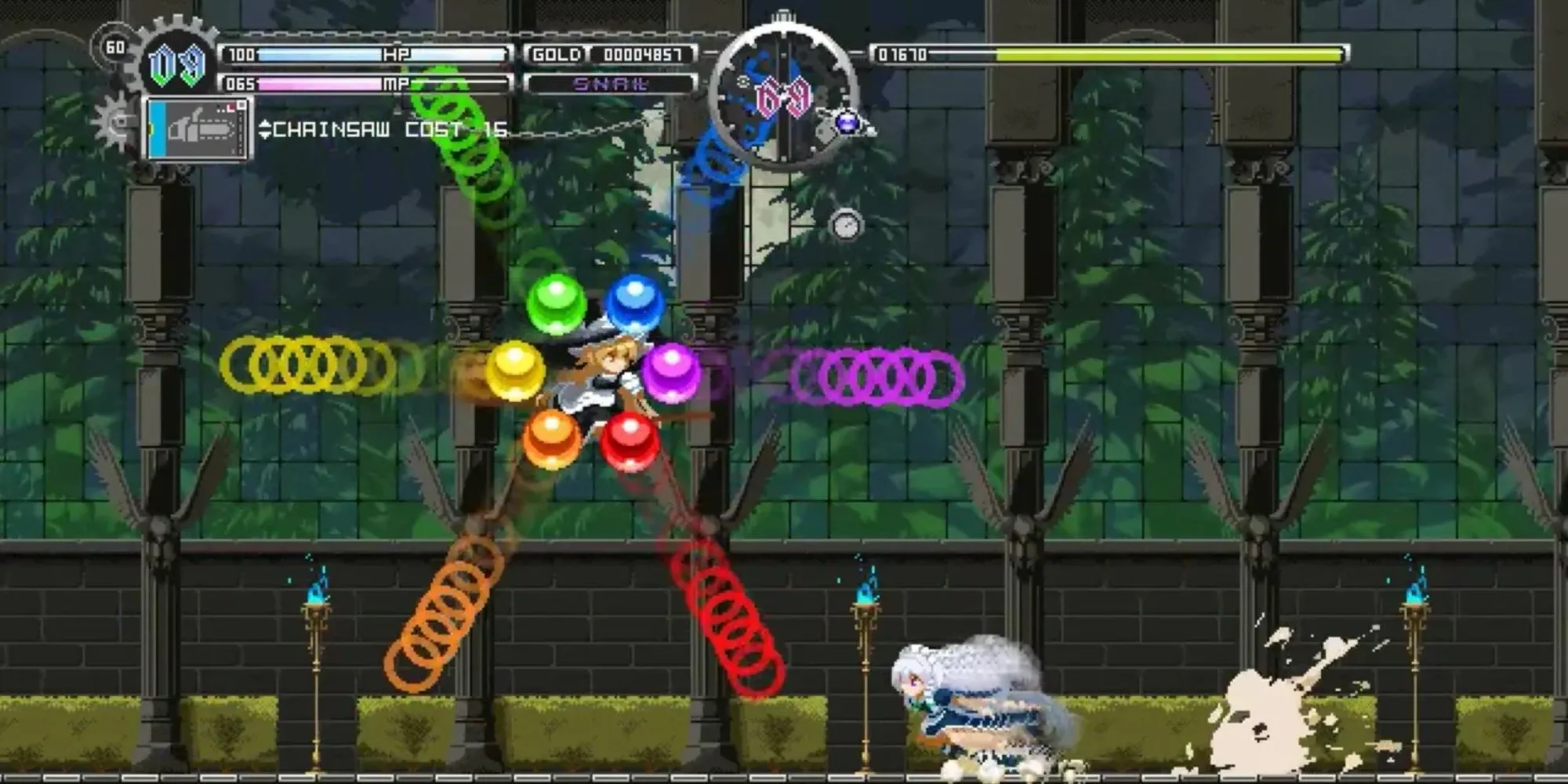 Ảnh chụp màn hình gameplay Touhou Luna Nights với nhân vật nữ né đạn trên nền phong cảnh