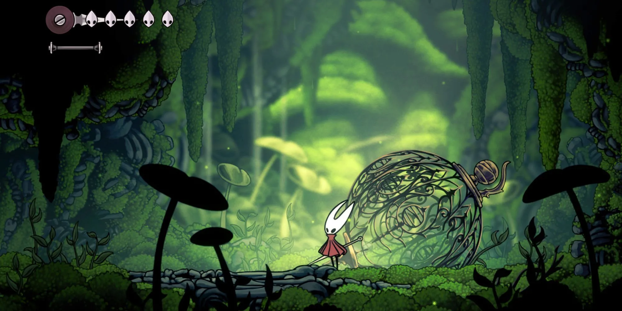 Ảnh chụp màn hình Hollow Knight Silksong với nhân vật chính Hornet đang khám phá một khu vực mới, thể hiện đồ họa 2D vẽ tay đặc trưng.