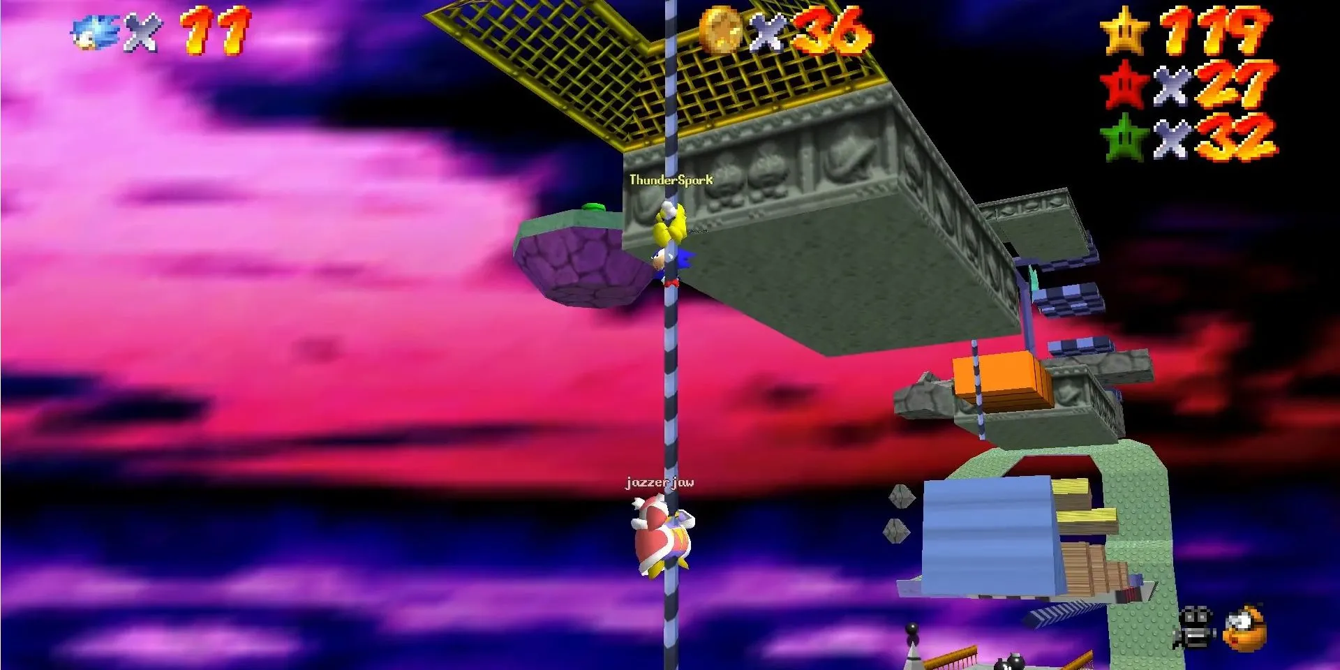 Ảnh chụp màn hình Super Mario 64 Co-Op DX với các nhân vật Sonic, King Dedede, và Mega Man X trong một màn chơi của Bowser