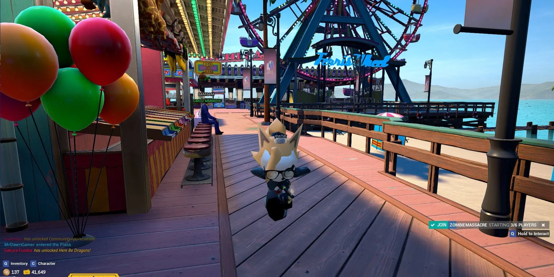 Ảnh chụp màn hình Tower Unite với mô hình Whisper the Wolf đang nhảy trên Boardwalk trước vòng đu quay và Phoenix Wright