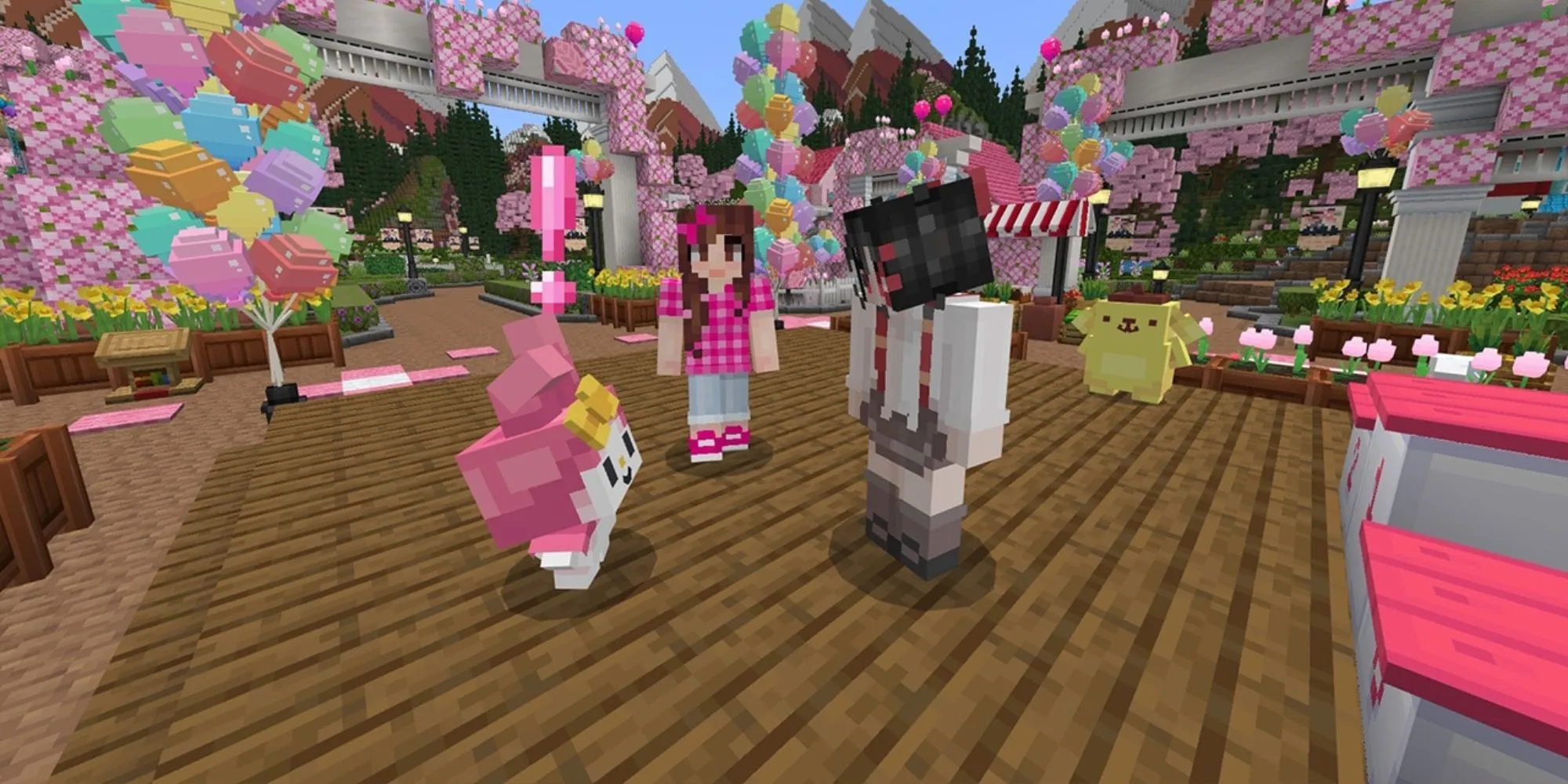 Ảnh chụp màn hình trong game Minecraft với các nhân vật Hello Kitty và bạn bè trong một DLC đặc biệt