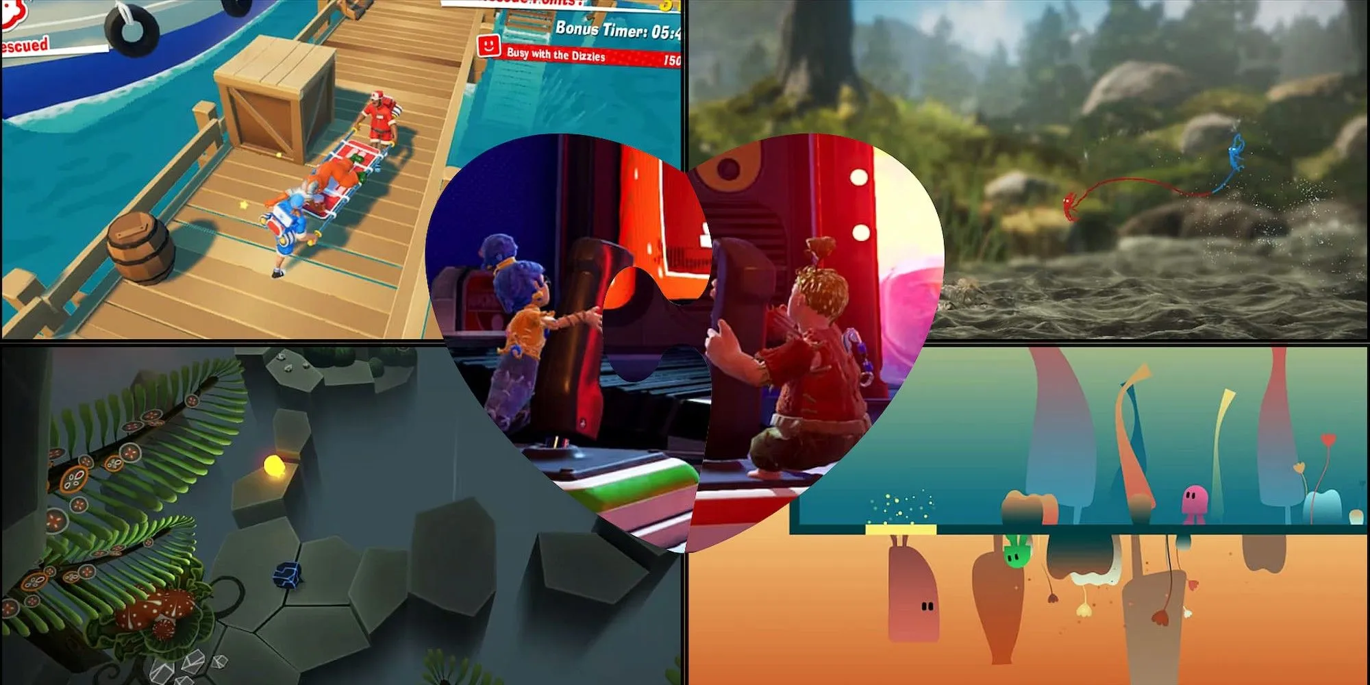 Ảnh collage minh họa các game co-op hay trên Nintendo Switch, nơi người chơi có thể trải nghiệm cùng nhau