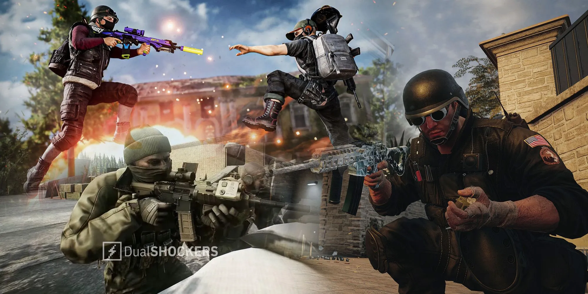 Ảnh ghép gameplay từ các tựa game bắn súng chiến thuật hàng đầu như PUBG, Rainbow Six Siege và Escape from Tarkov