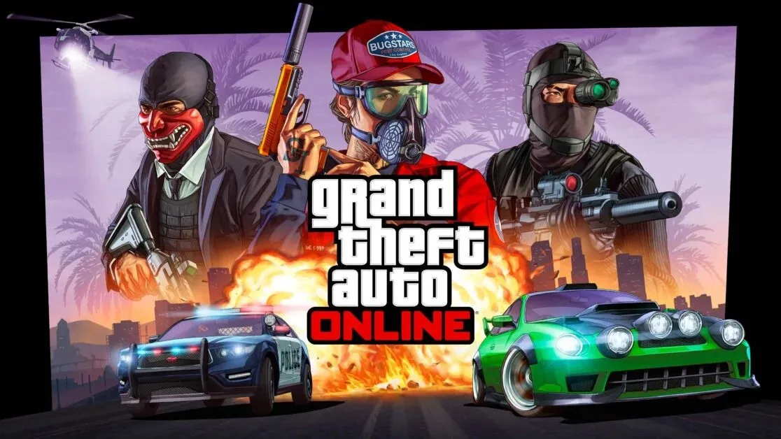 Ảnh quảng cáo GTA Online thể hiện các hoạt động trong game như đua xe và đấu súng