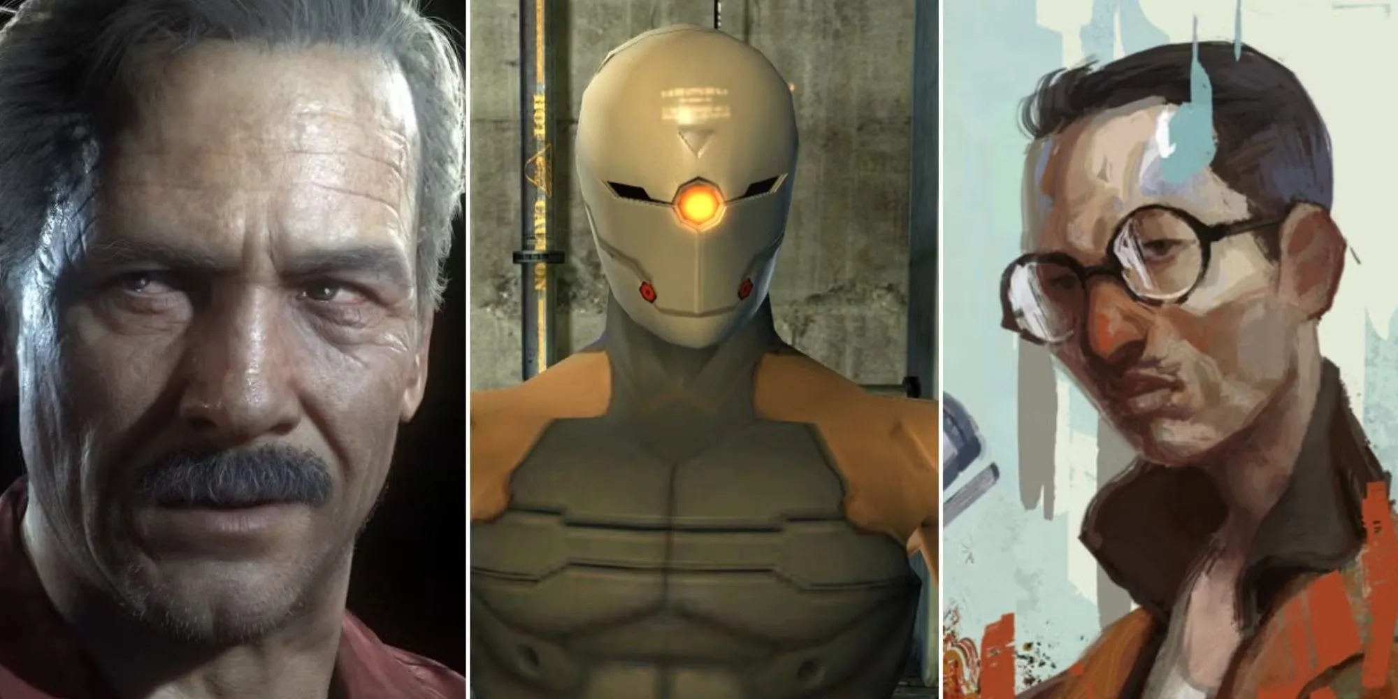 Ảnh tổng hợp các NPC đáng nhớ xứng đáng có game riêng: Victor Sullivan (Uncharted), Gray Fox (Metal Gear), và Kim Kitsuragi (Disco Elysium)