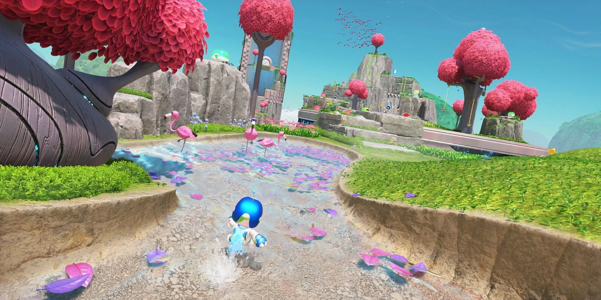 Astro Bot chạy đến gần vài con hồng hạc