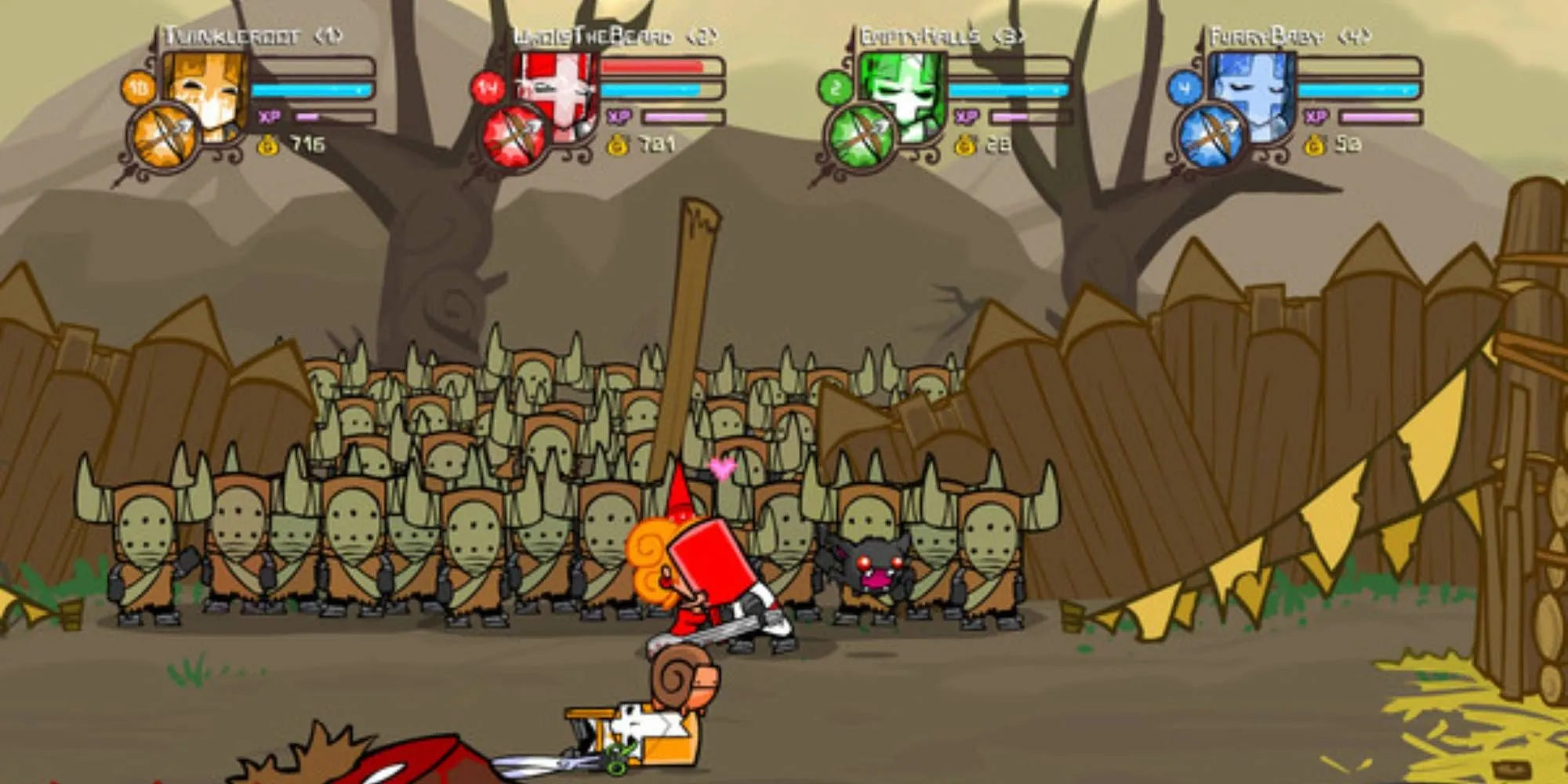 Ba hiệp sĩ trong Castle Crashers đang chiến đấu với kẻ thù trong một khung cảnh đầy màu sắc