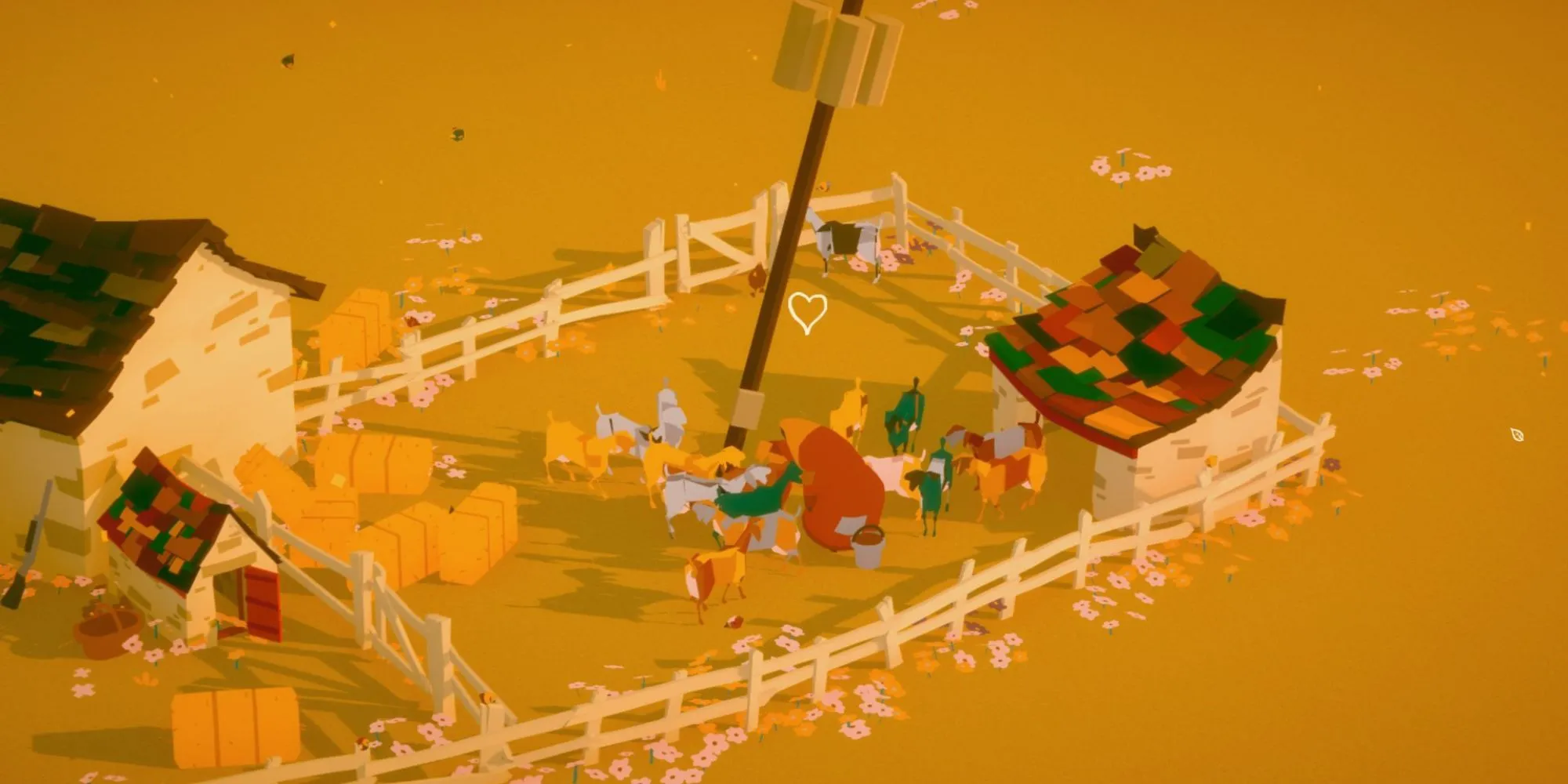 Bà lão Talma đứng giữa trang trại cô đơn trong game The Stillness of the Wind với ánh hoàng hôn