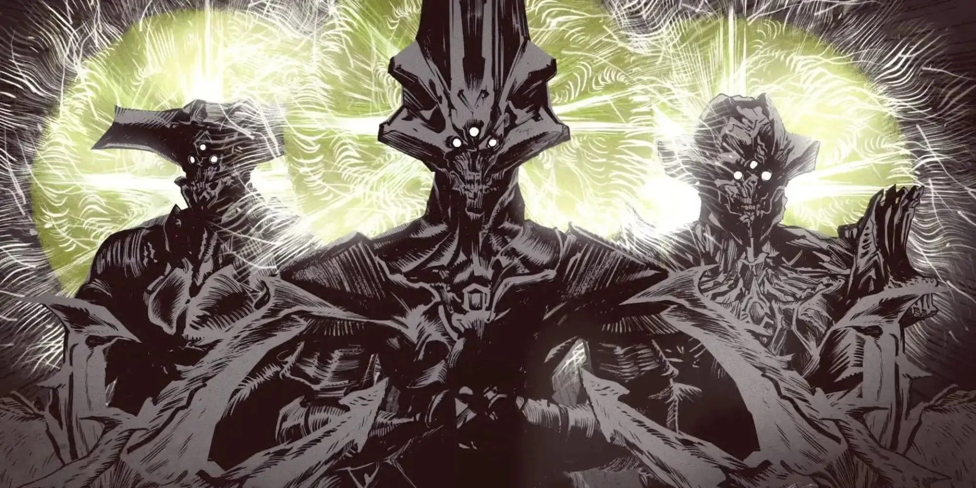 Ba vị thần Hive trong Destiny 2: Oryx, Savathûn và Xivu Arath đứng cạnh nhau.