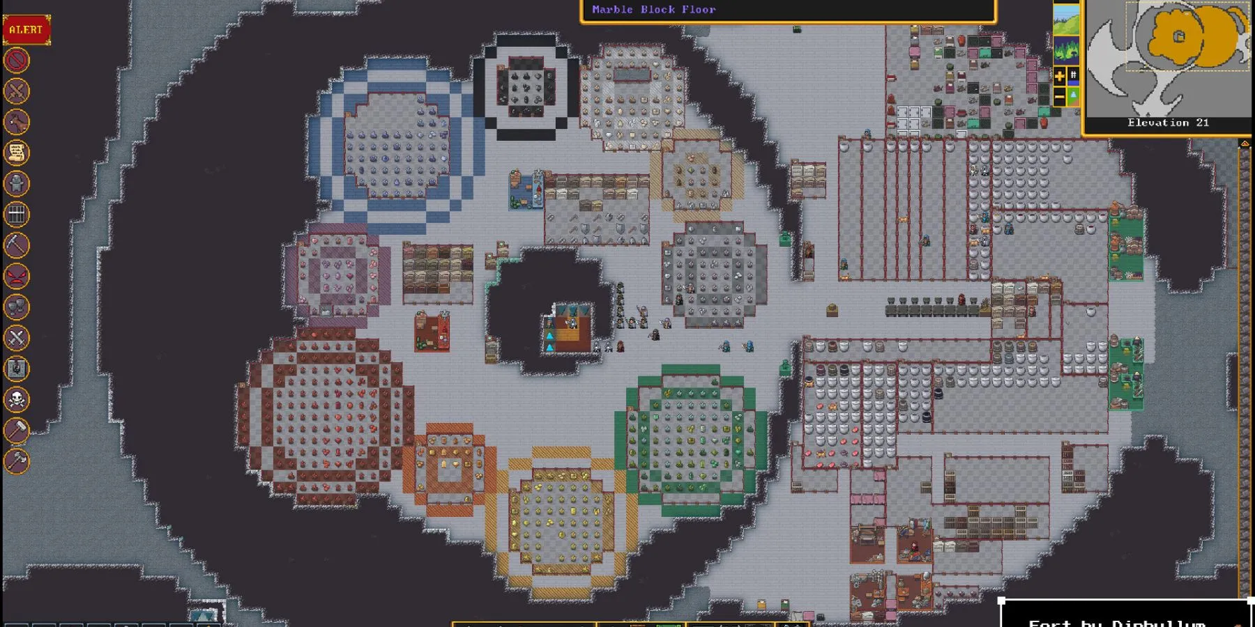 Bản đồ chi tiết một pháo đài dưới lòng đất trong Dwarf Fortress