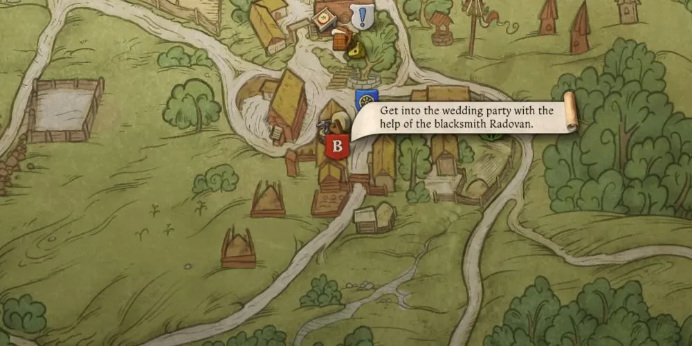 Bản đồ hiển thị mục tiêu Radovan trong Kingdom Come Deliverance 2 để bắt đầu sự kiện đám cưới