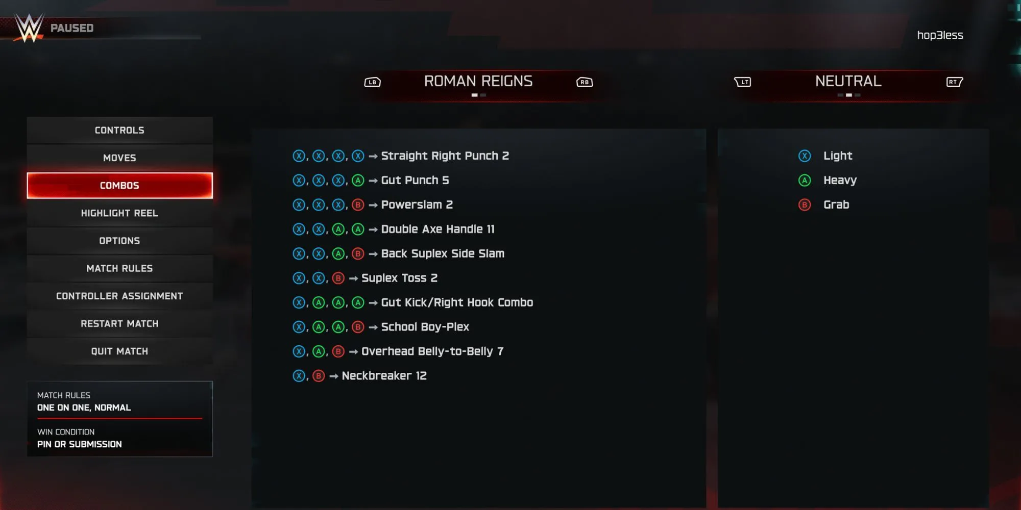 Bảng combo của Roman Reigns trong WWE 2K25, cho thấy sự khác biệt trong bộ chiêu thức so với các đô vật khác
