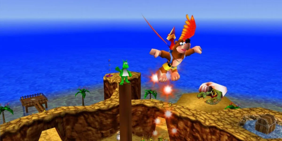 Banjo và Kazooie trên đỉnh núi Spiral Mountain trong Banjo-Kazooie