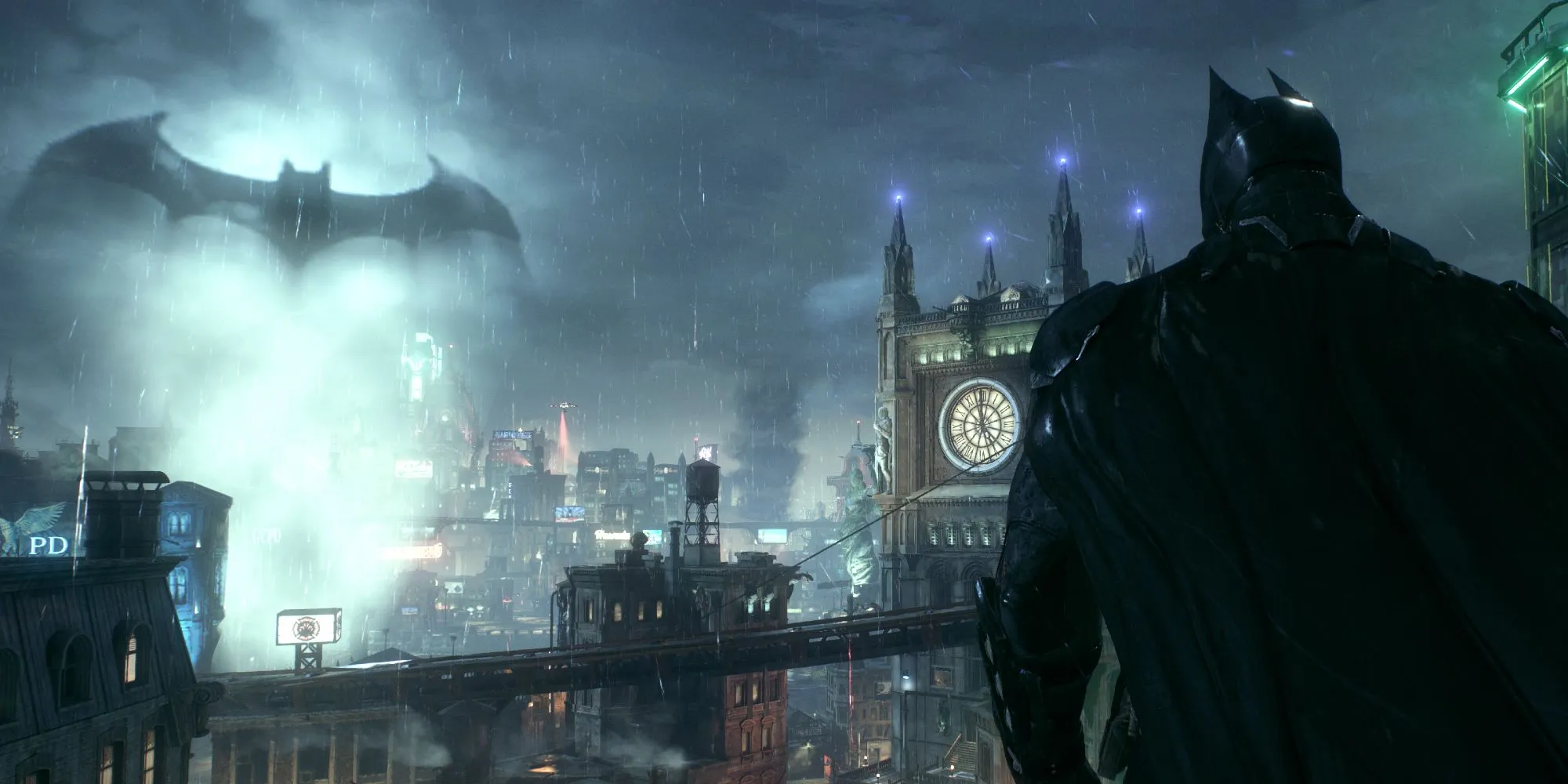 Batman quan sát thành phố Arkham City từ trên cao