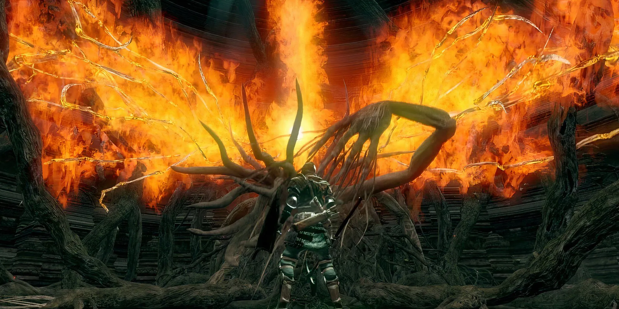 Bed of Chaos trong Dark Souls 1, một thực thể cây khổng lồ với những cánh tay càn quét và mặt đất vỡ vụn xung quanh.