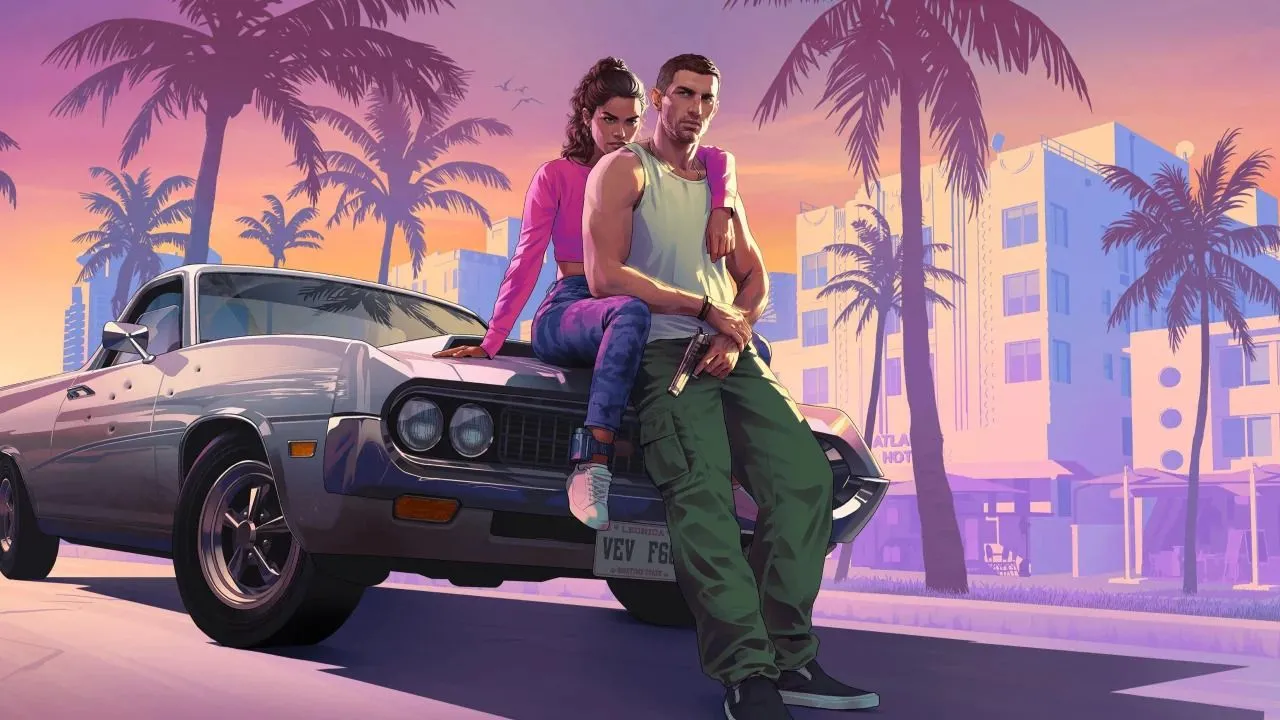 Bìa chính thức GTA 6 với hình ảnh cặp đôi nhân vật chính trên nền bối cảnh Vice City, minh họa cho một tựa game bom tấn có ngân sách khổng lồ.