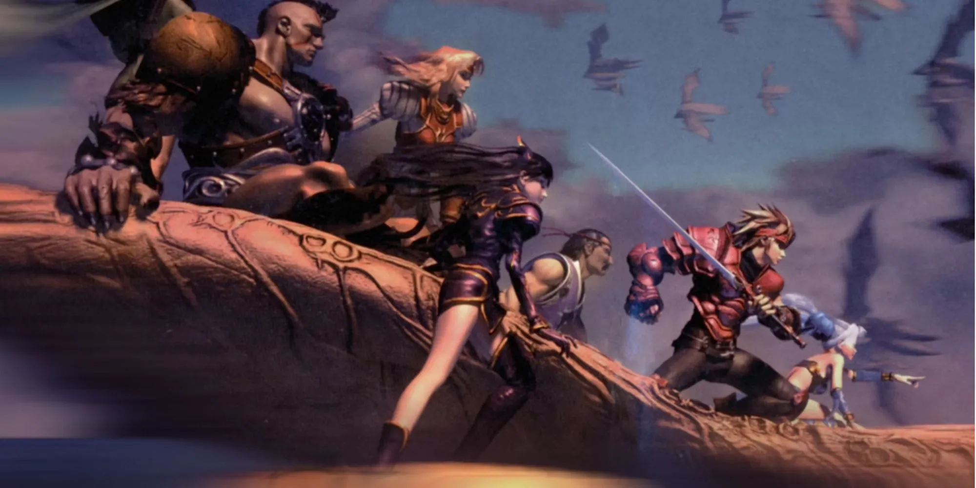 Bộ ba Dart, Meru và Kongol cưỡi rồng trong tựa game JRPG kinh điển The Legend of Dragoon