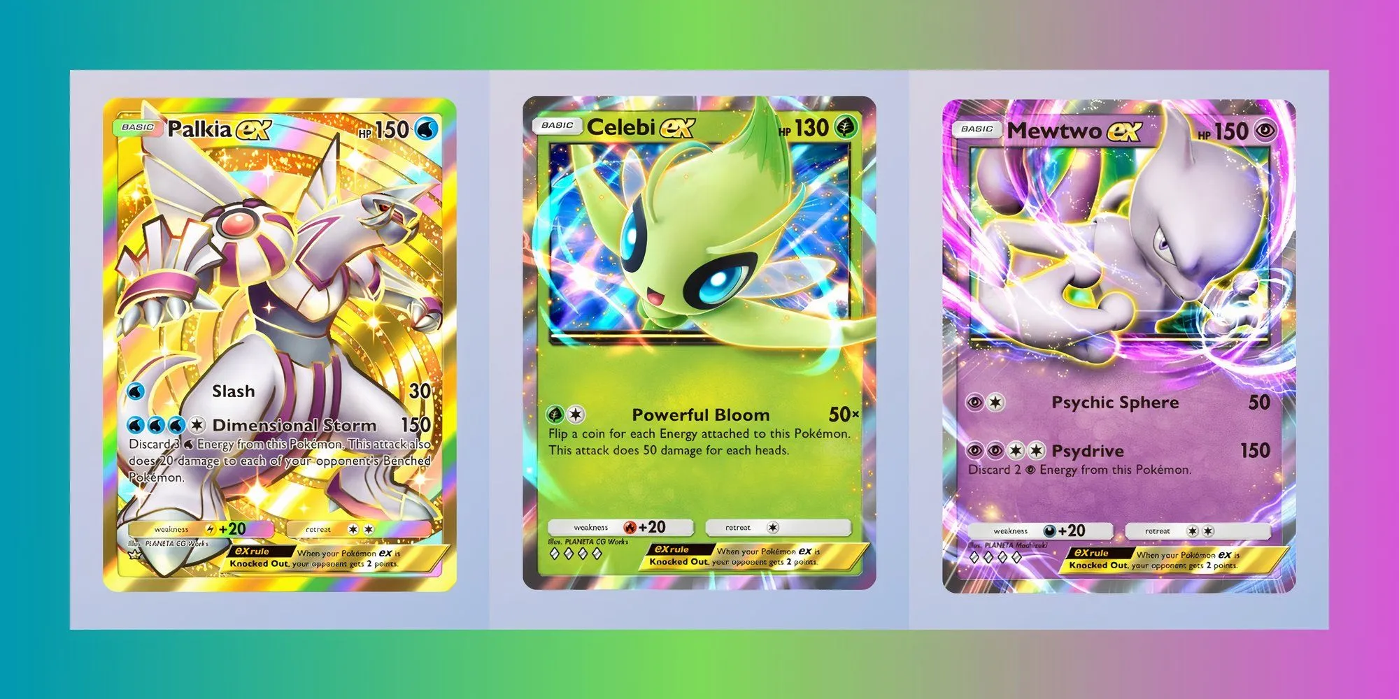 Bộ ba lá bài Pokemon EX mạnh mẽ Palkia EX, Celebi EX và Mewtwo EX trong Pokemon TCG Pocket
