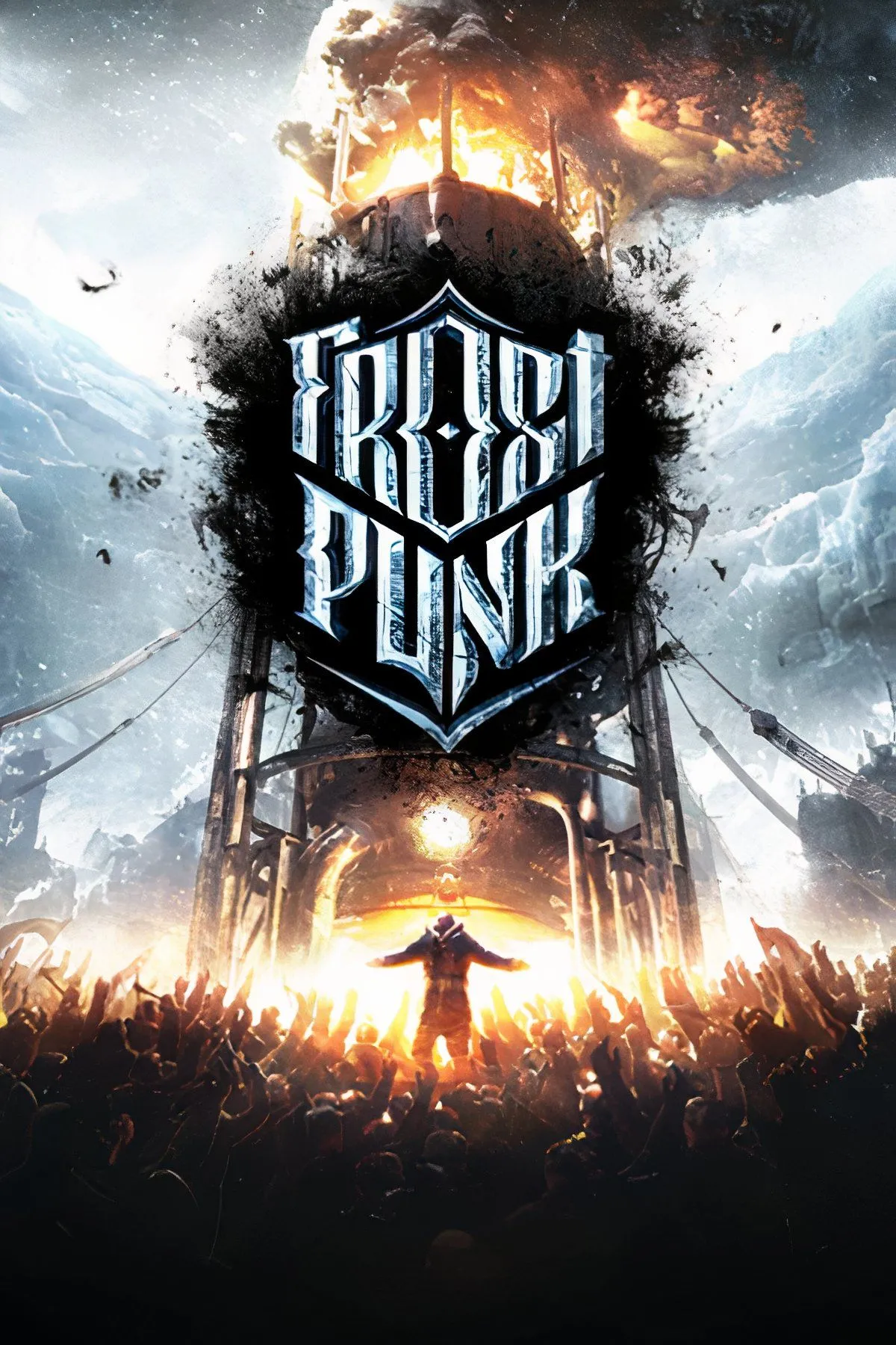 Bộ sưu tập hình ảnh từ Frostpunk, bao gồm cảnh người dân làm việc, tòa nhà thành phố và bão tuyết, thể hiện gameplay và đồ họa game.
