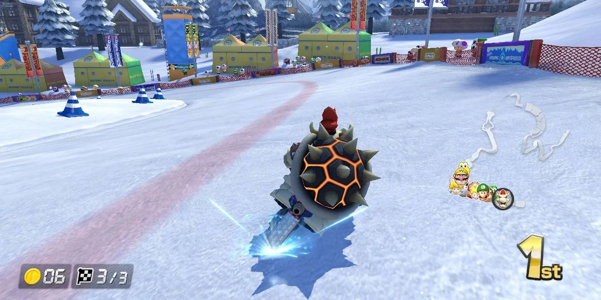 Bowser Xương khô đua xe trên đường đua Mount Wario trong Mario Kart 8 Deluxe.