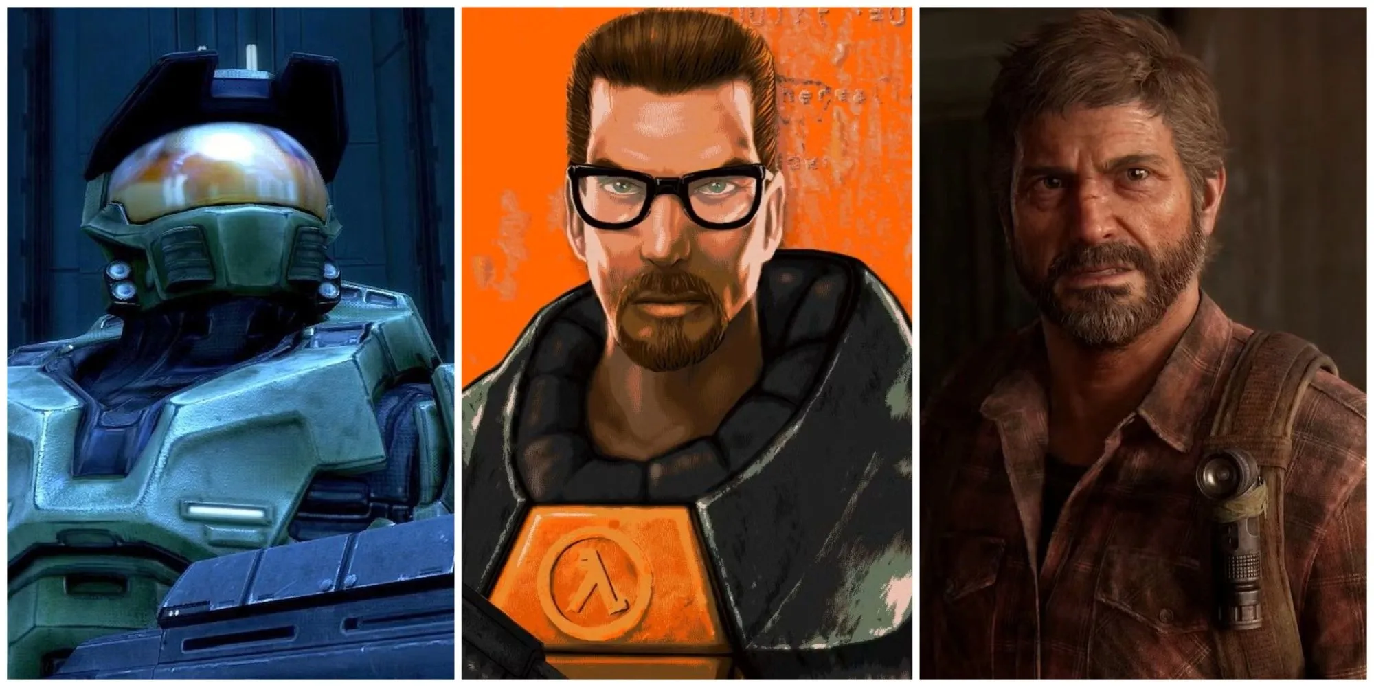 Các ảnh chụp màn hình của Halo: Combat Evolved, The Last of Us Part I và hình quảng cáo của Half-Life