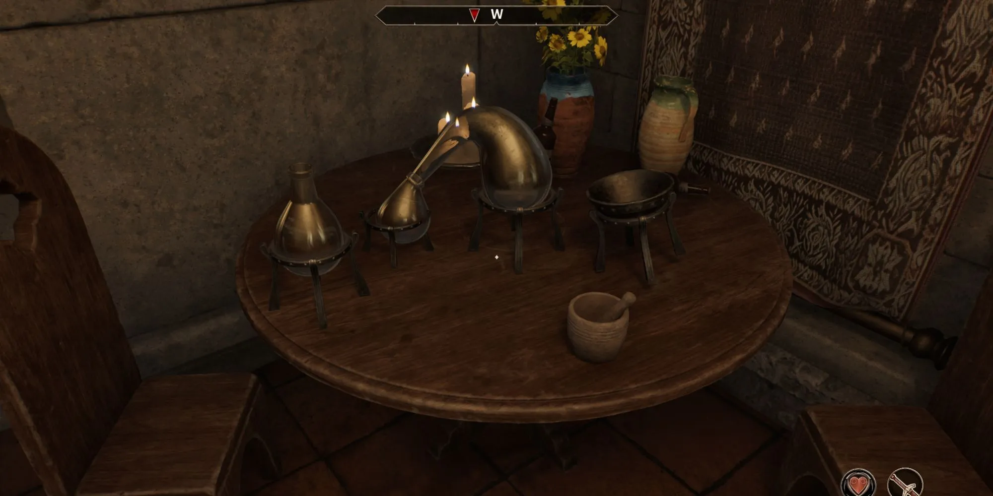 Các dụng cụ Thuật Giả Kim Oblivion Remastered đặt trên bàn, bao gồm Cối Chày, Retort, Alembic, và Calcinator.