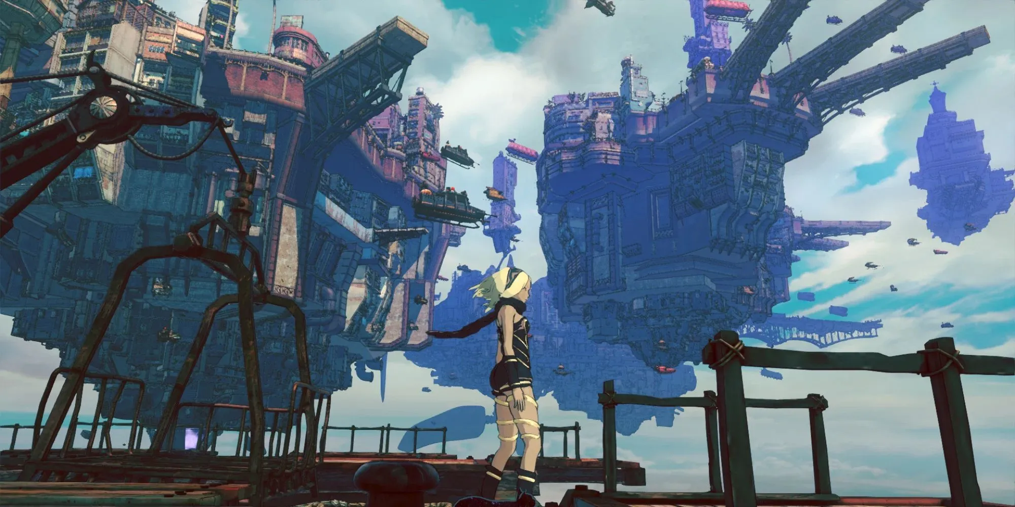Các hòn đảo trôi nổi trên bầu trời trong game Gravity Rush 2, thể hiện phong cách đồ họa độc đáo