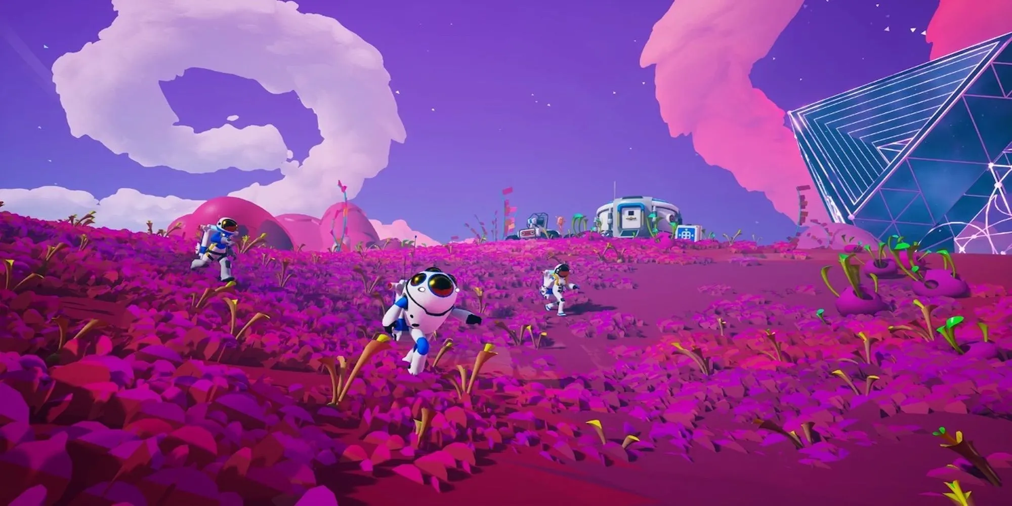 Các nhân vật Astroneer chạy trên địa hình màu tím kỳ ảo