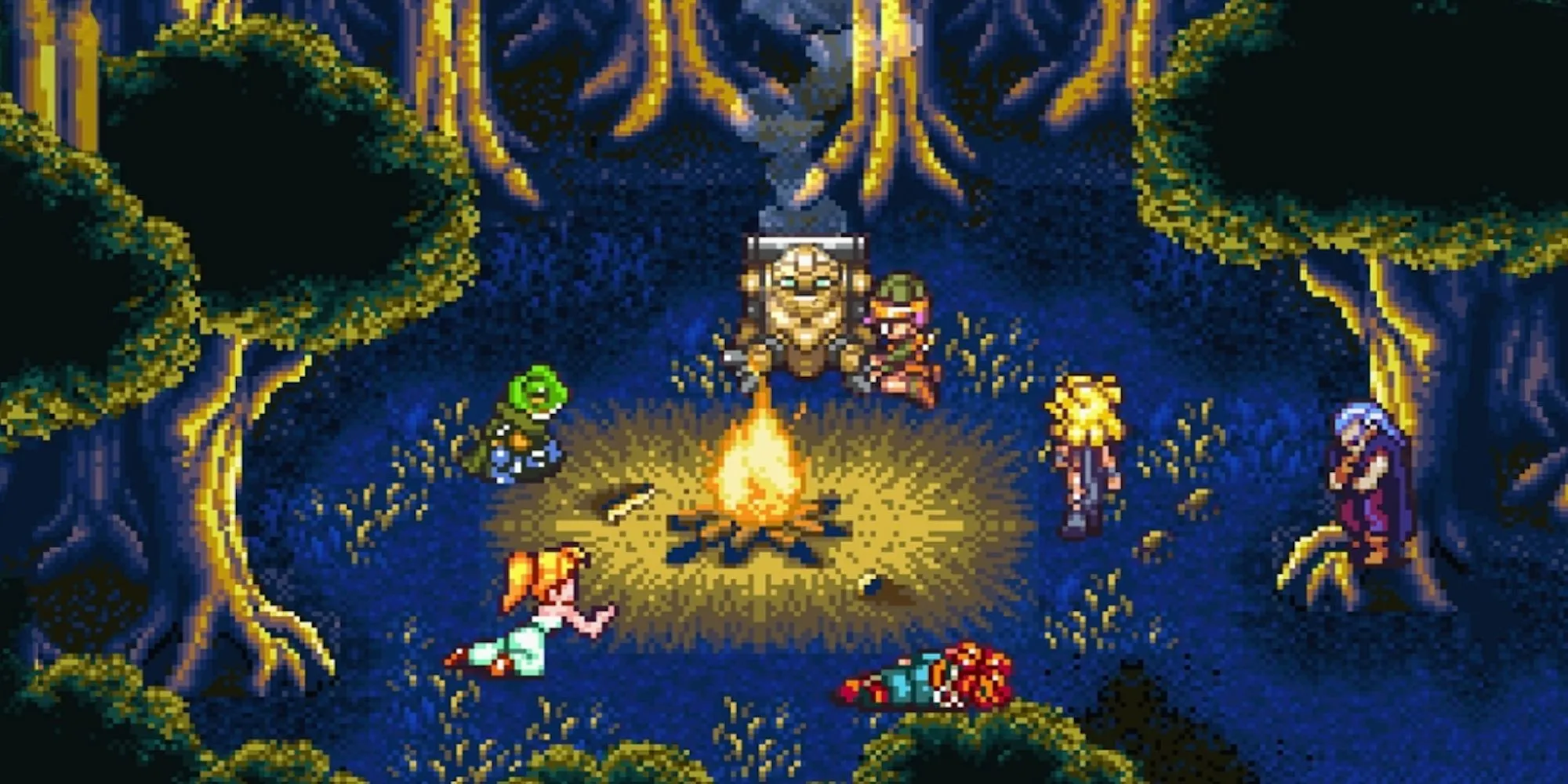 Các nhân vật chính trong Chrono Trigger quây quần bên đống lửa, biểu tượng cho hành trình phiêu lưu vượt thời gian