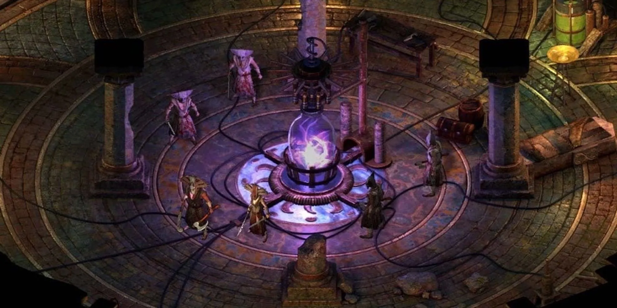 Các nhân vật đứng gần một cỗ máy phát sáng trong Pillars of Eternity