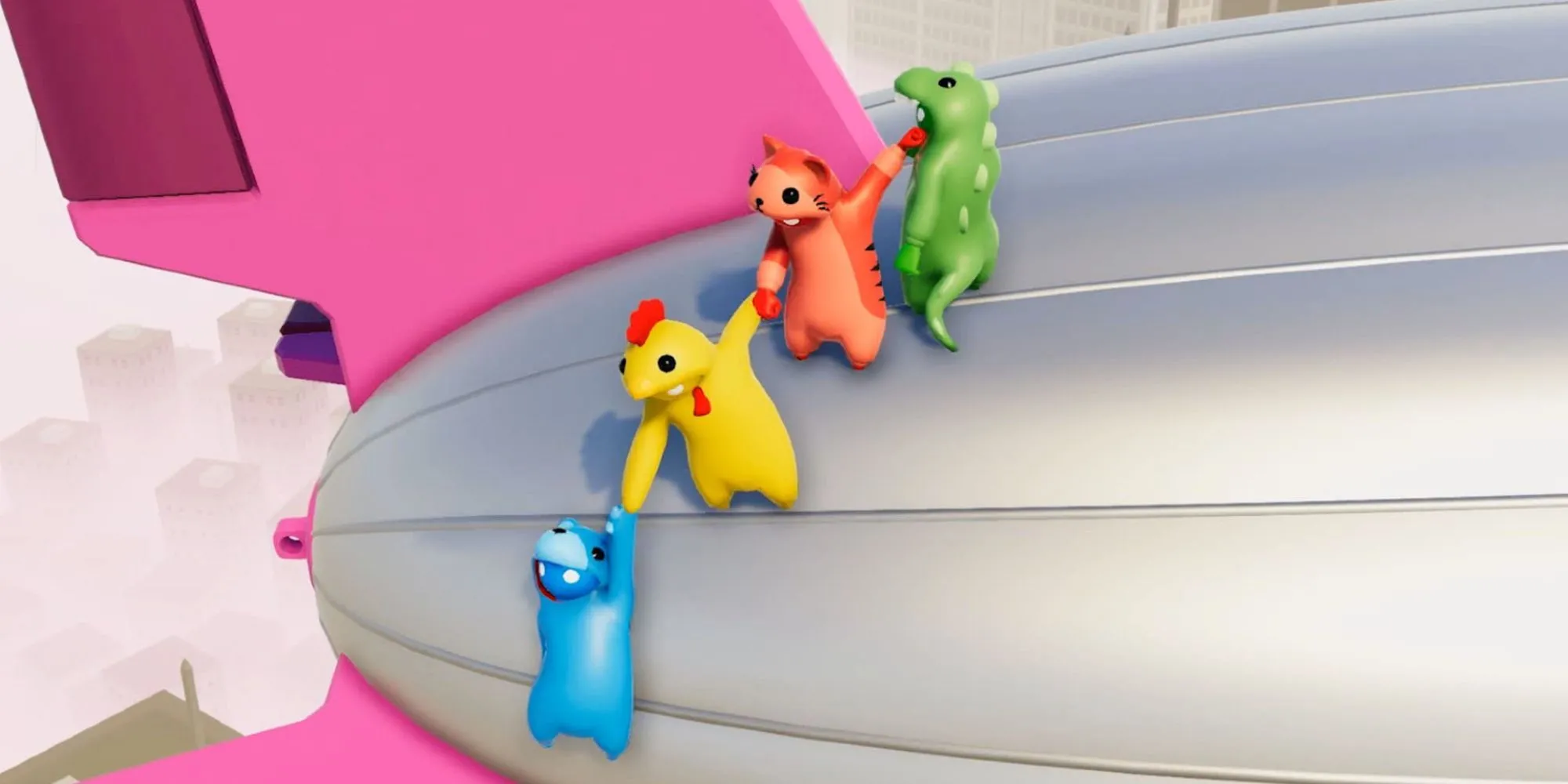 Các nhân vật hình nộm hài hước trong Gang Beasts đang cố gắng bám trụ trên một cấu trúc treo lơ lửng