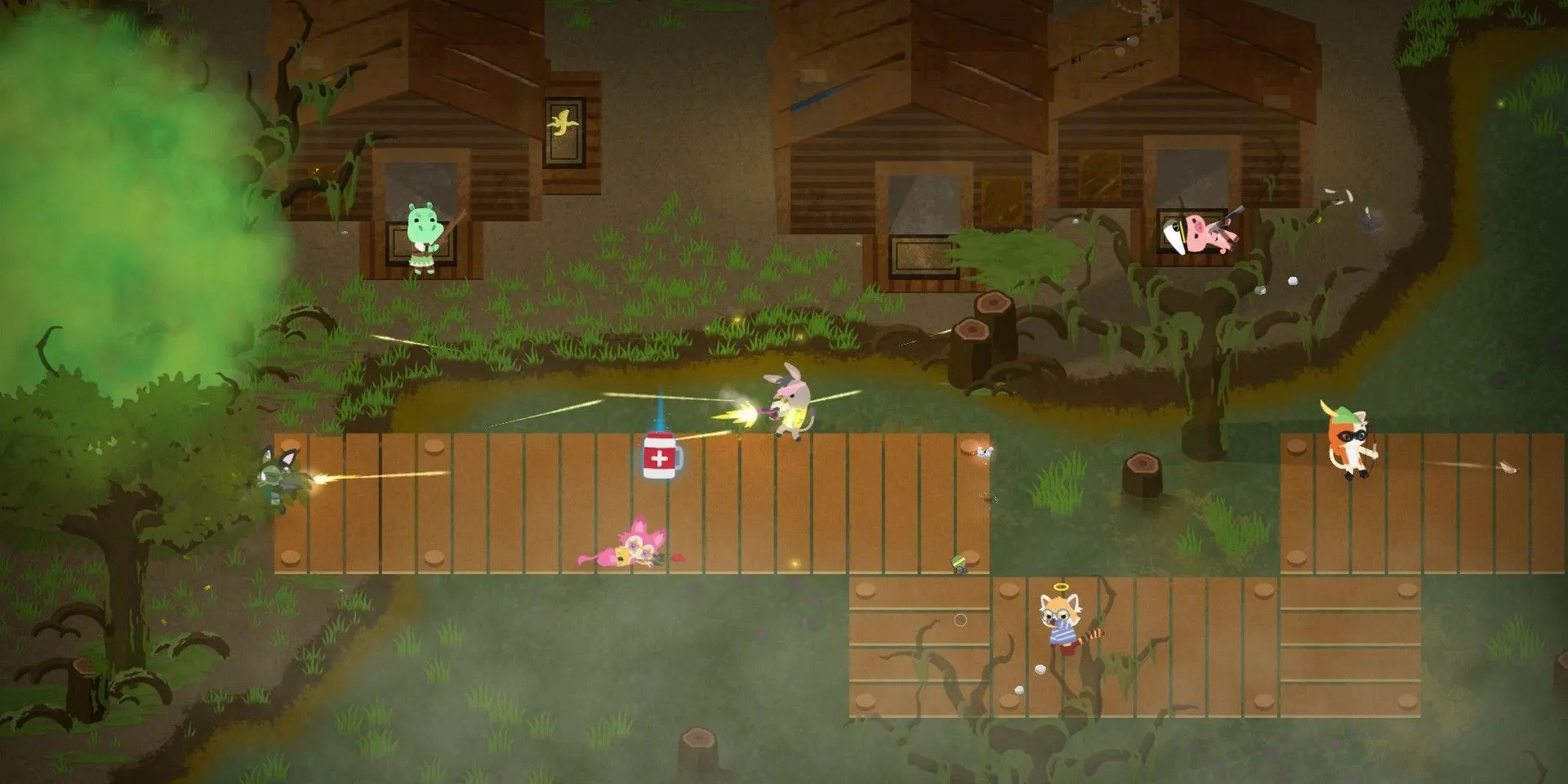 Các nhân vật thú trong Super Animal Royale đang bắn súng giao chiến